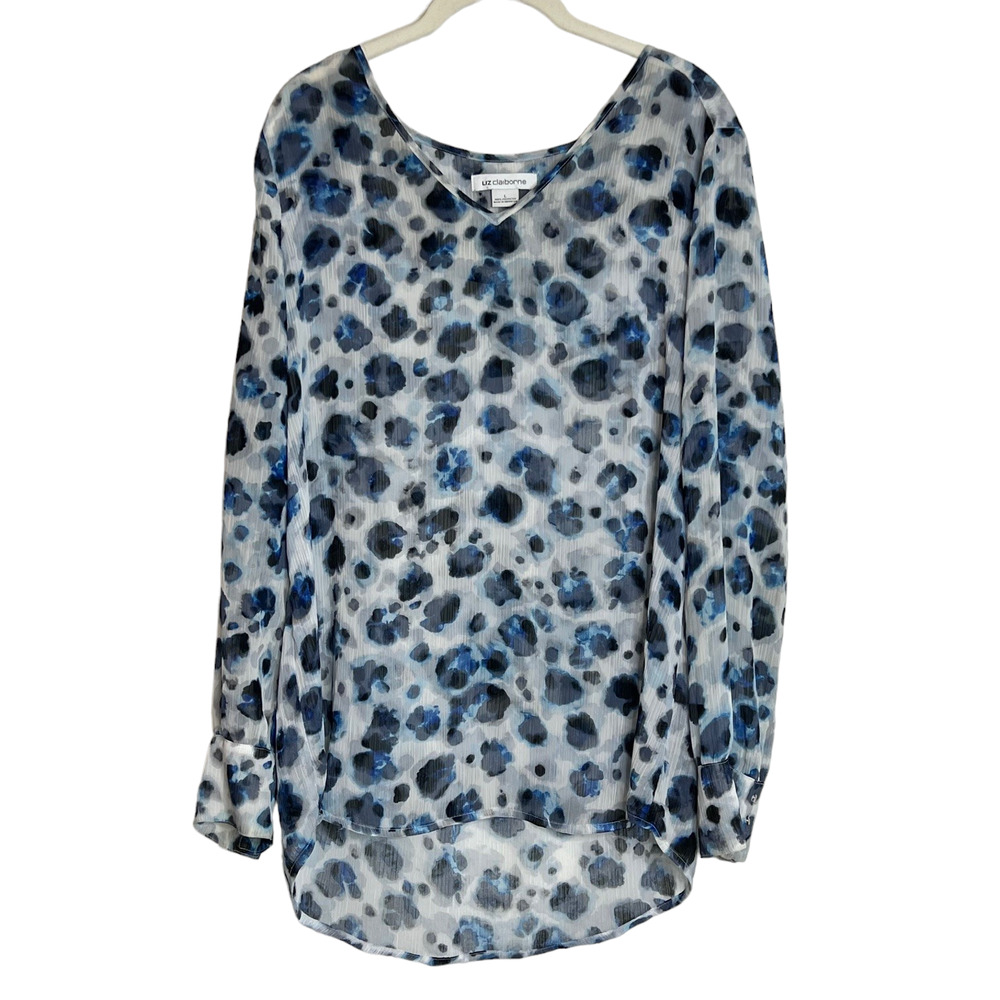 Liz Claiborne Womens Sheer Tunic Large Blue Watercolor Long Sleeve V-Neck